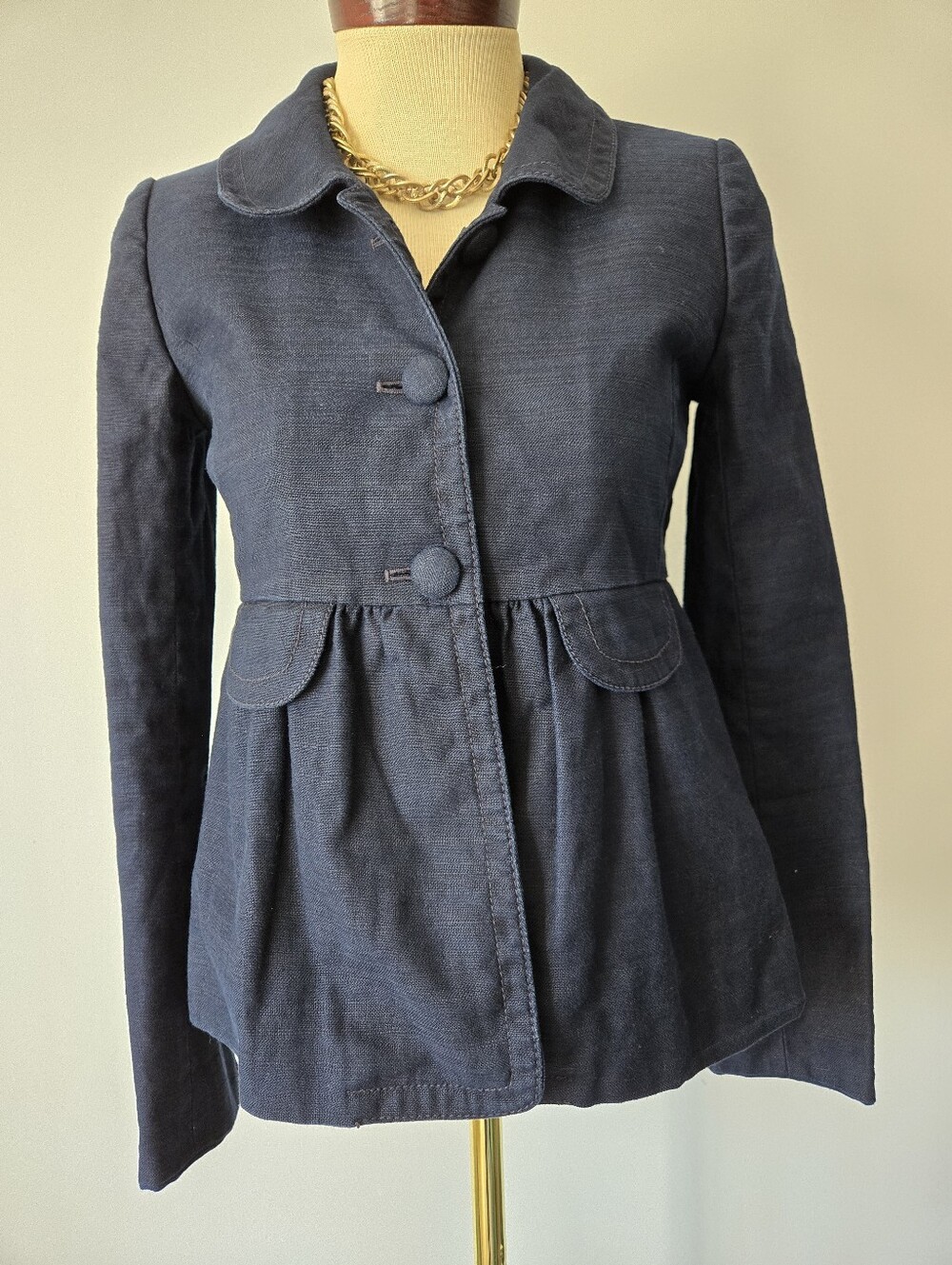 J.Crew Dark Denim Peplum Linen And Cotton Jacket. Size 2